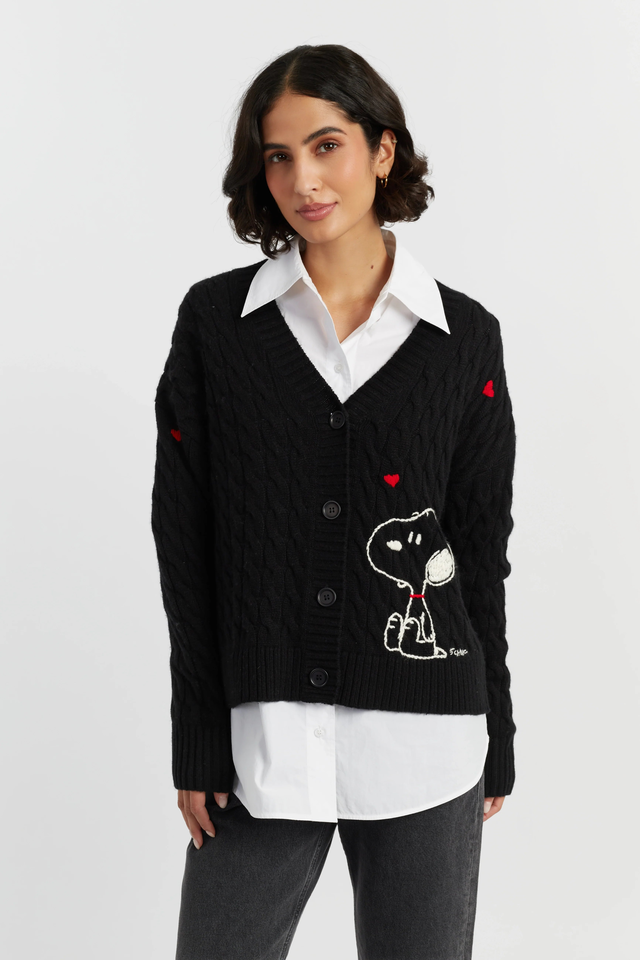 Black Wool-Cashmere Snoopy Cable Cardigan