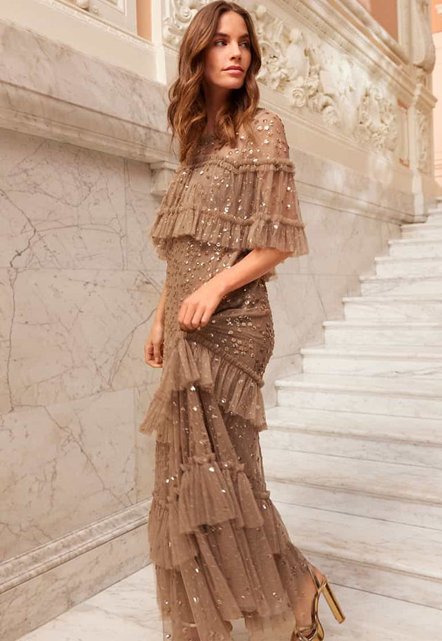 Leila Dot Tiered Cape Ankle Gown