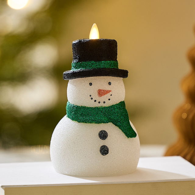 White Glitter Flameless Candle Snowman