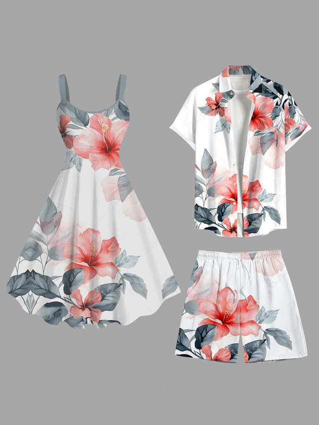 Tropical Flower Leaf Print Plus Size Matching Hawaii Beach Outfit For Couples