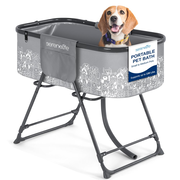 Portable Dog Bath Tub With Two Side Pockets And Built-In Drain System -  Includes Three-Point Leash Restraint (Gray + Black)