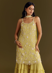 Light Yellow Chinon Embroidered Kurta Sharara With Choker Style Dupatta