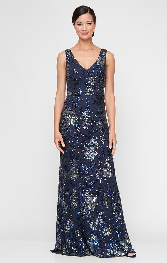 Long Sleeveless Stretch Sequin V-Neck Dress