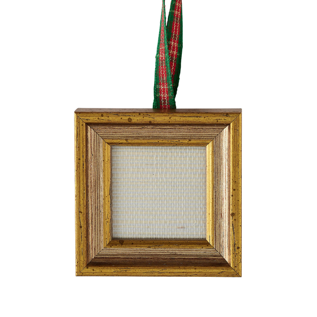 Florentine Frame Ornament - Silver Gold Plaid Ribbon