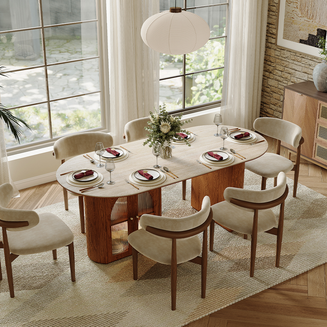 71" Mid-Century Modern Oval Wood Dining Table for 6, Walnut Color Fluted Dining Table, Matte Yellow Sintered Stone Kitchen Table with Tambour Table Base, Solid Wood Dining Table Base, Hobart Dining Table