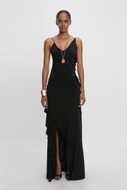 Asymmetric Bias Frill Dress In Black