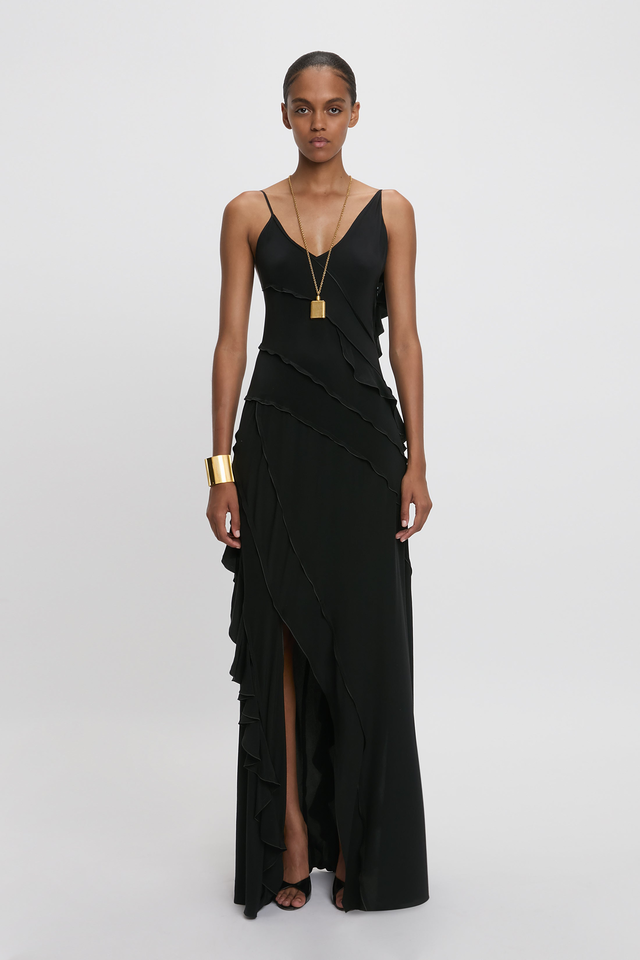 Asymmetric Bias Frill Dress In Black