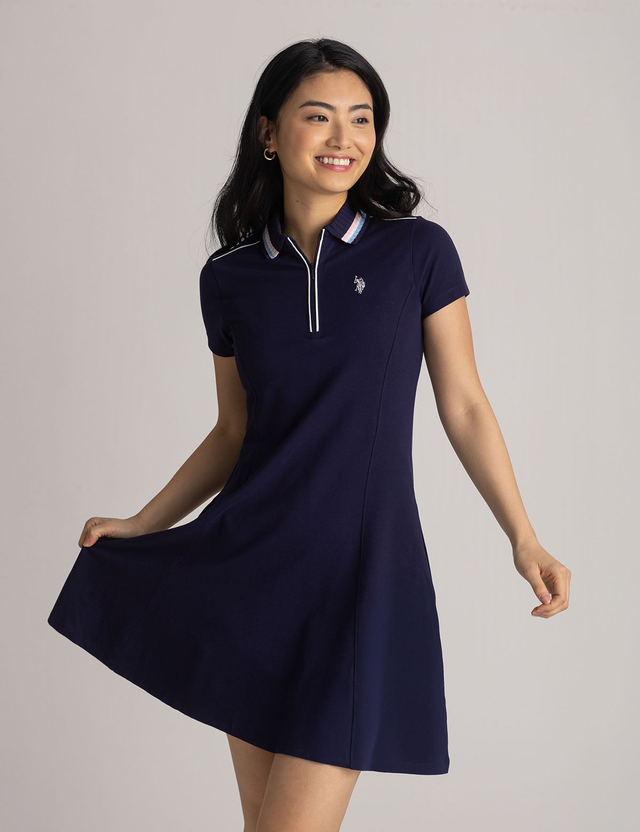 STRIPE COLLAR ZIP SWING POLO DRESS