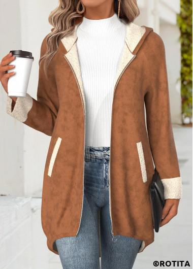 ROTITA Tummy Coverage Dark Coffee Hooded Long Sleeve Coat
