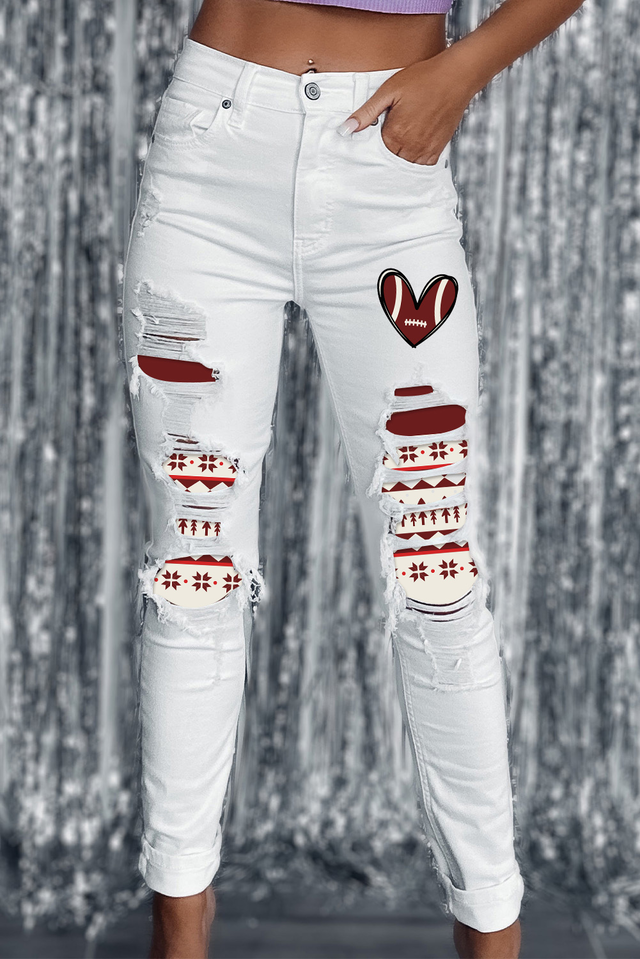 American Football Raw Hem Sheath Casual Jeans