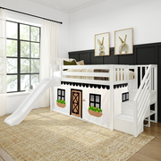 Twin Over Twin Low Bunk Bed with Stairs, Easy Slide, & Black & White Farmhouse Curtain