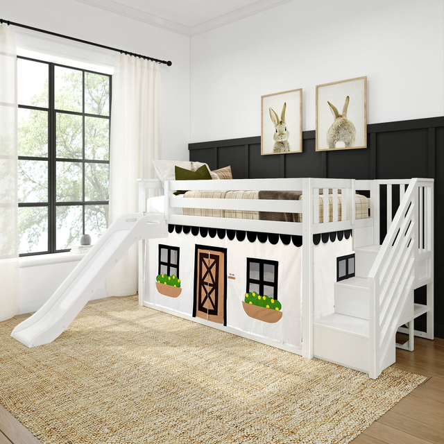 Twin Over Twin Low Bunk Bed with Stairs, Easy Slide, & Black & White Farmhouse Curtain