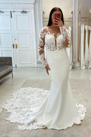 Gorgeous Mermaid V-Neck Long Sleeves Lace Bridal Dresses Long On Sale