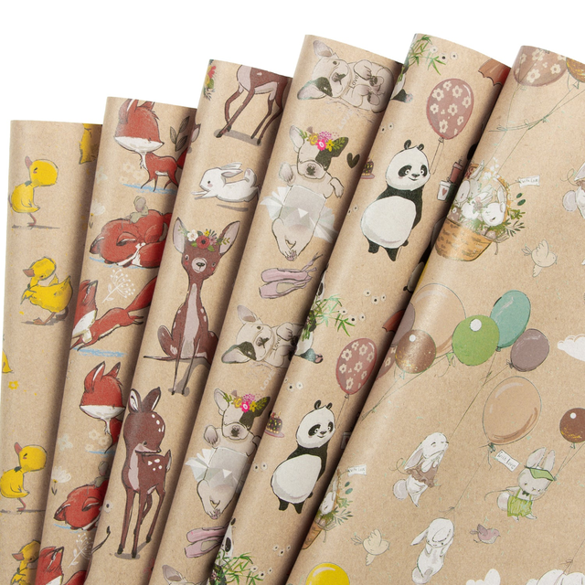 Baby Shower Gift Wrap Paper Sheet 6pcs/Roll Animals Kraft