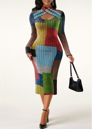 Plus Size Rainbow Color Criss Cross Geometric Print Dress