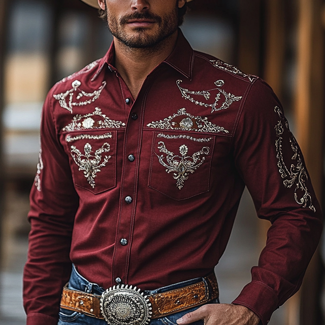 Retro Western Cowboy Men's Casual Long Sleeve Shirt