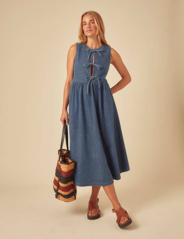Denim Tie Front Eden Midi Dress