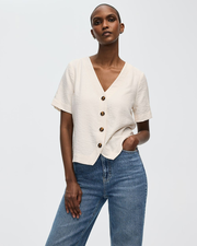 Short-Sleeve V-Neck Buttoned-Down Blouse