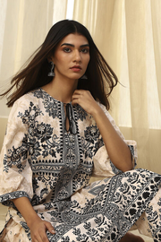 Off-White and Black Pure Cotton Printed Kurta Set