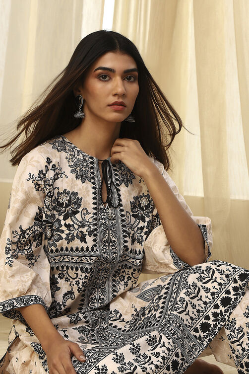 Off-White and Black Pure Cotton Printed Kurta Set