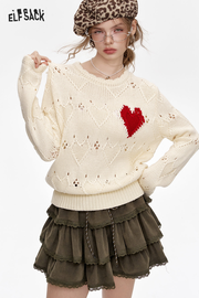 Love Heart Hollow Contrast Color Round Neck Long Sleeve Sweater Women