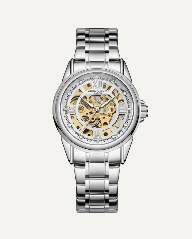 Skeleton Automatic Steel & White Mens Watch