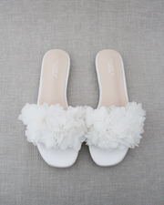 Satin Slide Wedding Sandals with Allover Chiffon Flowers
