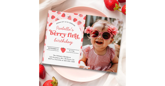 Berry First 1st Birthday Strawberry Photo Invitation