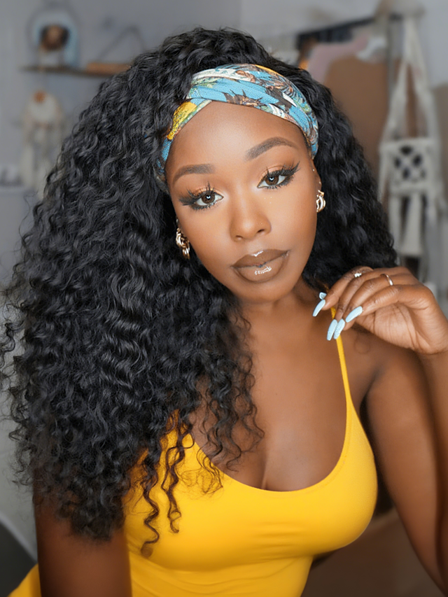 Beautyforever Water Wave Glueless Human Hair Wigs Headband Wig With Pre-attached Scarf Natural Color