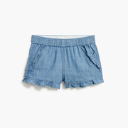Girls' chambray short with ruffle trim