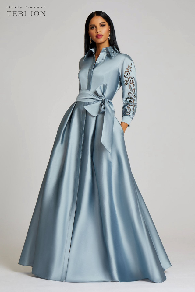 Taffeta Shirtdress Gown With Eyelet Sleeve and Collar