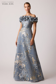 Jacquard Scrunch Bodice Off Shoulder Gown