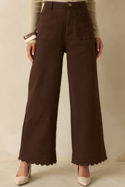 Set For The Day Brown Cotton Scalloped Wide Leg Pants