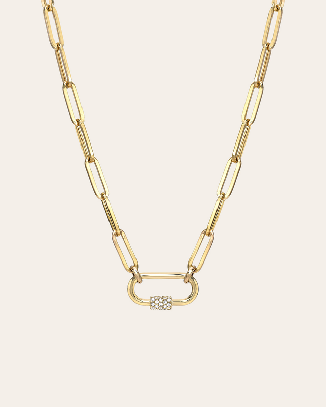 14k Gold Large Paper Clip Chain with Diamond Carabiner Necklace