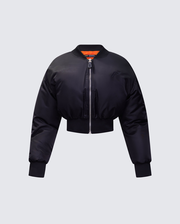 Khione Black Flight Satin Cropped Bomber Jacket