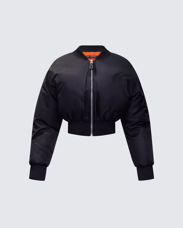 Khione Black Flight Satin Cropped Bomber Jacket