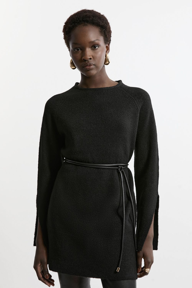 Wool Blend Cosy Tunic With Pu Belt Trim