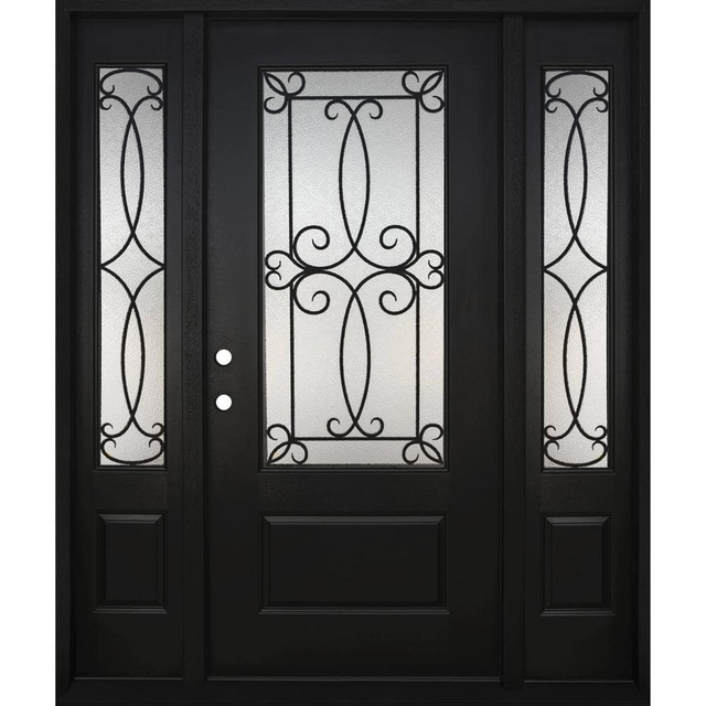 Steves & Sons Regency 64 in. x 80 in. 3/4 Lite Georgian Decorative Glass LHOS Onyx Mahogany Fiberglass Prehung Front Door with Double 12 in. Sidelites
