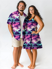 Coconut Tree Ombre Galaxy Printed Plus Size Matching Hawaii Beach Outfit for Couples