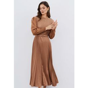 Full Pleated Belted Maxi Dress in Tan