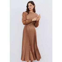 Full Pleated Belted Maxi Dress in Tan