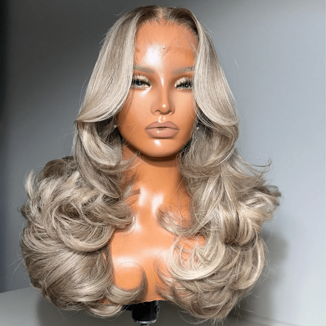 Ombre Ash Blonde With Black Roots Colored Body Wave Human Hair Wig For Women 13X4 Lace Front Wig Pre-Plucked