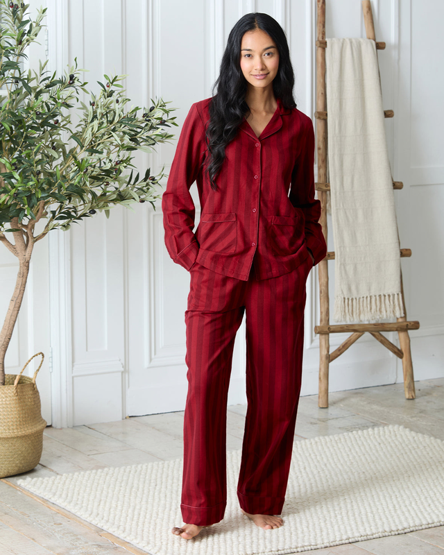 Organic Cotton Stripe Long Pyjama Set - Red