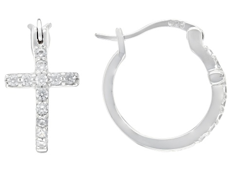 White Cubic Zirconia Rhodium Over Sterling Silver Cross Hoops 0.55ctw