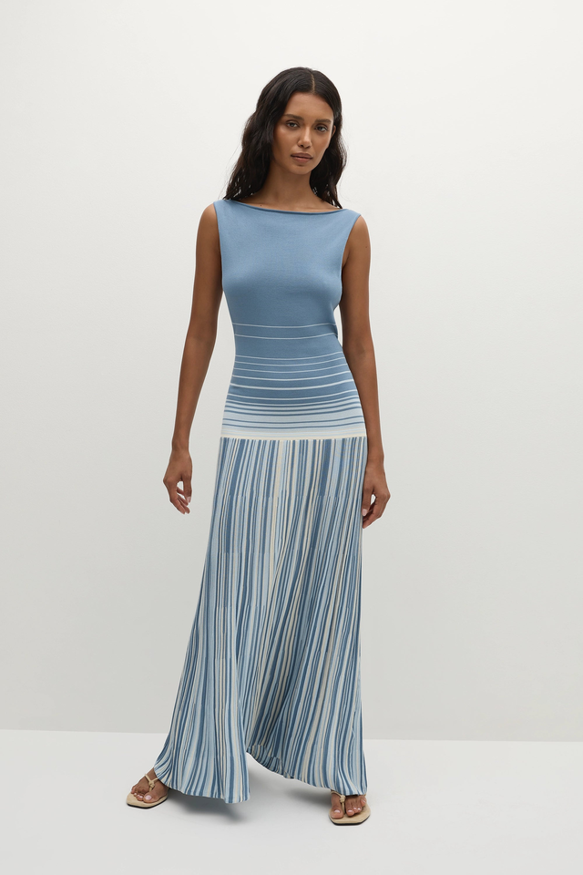 Xyla Maxi Dress Accordion Stripe Mineral Blue