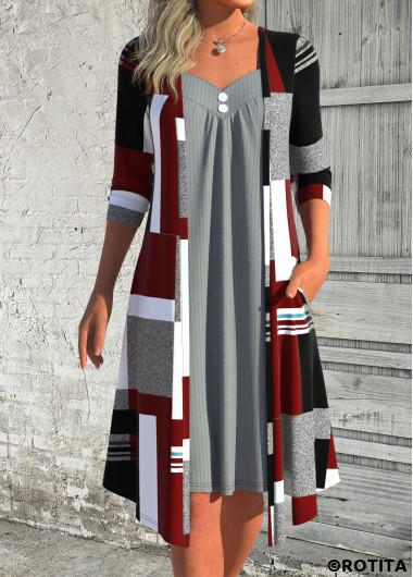ROTITA Patchwork Geometric Print Deep Red A Line Dress
