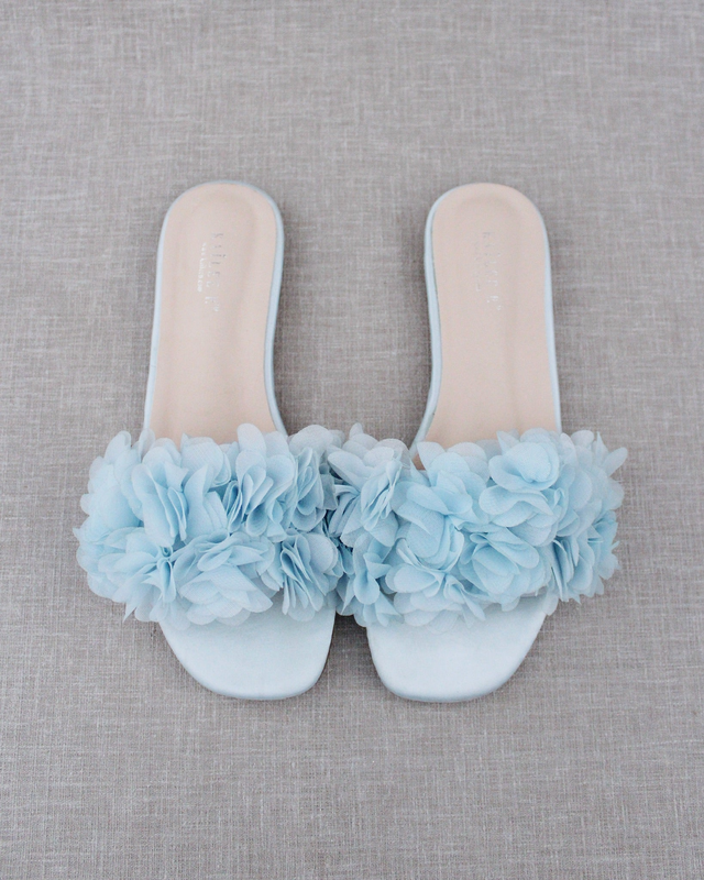 Satin Slide Wedding Sandals with Allover Chiffon Flowers