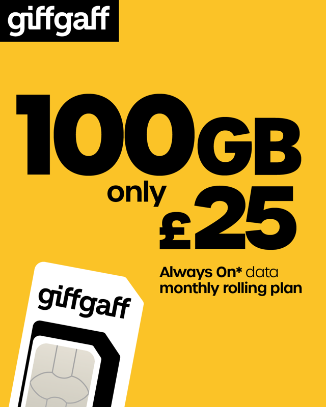 giffgaff SIM - 100 GB Always On for £25 - Monthly Rolling
