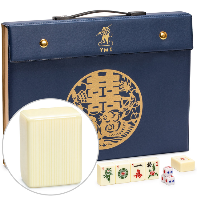 Chinese Mahjong Set, "Bleau Fontaine" with 146 Medium Tiles, Blue Vinyl Case, Wind Indicator and Dice - for Chinese Style Gameplay Only