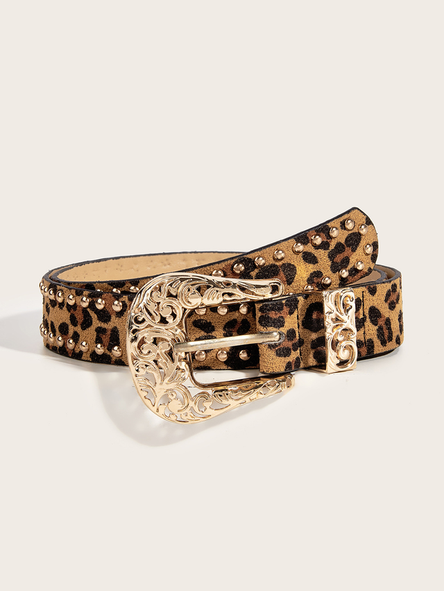 Fashion PU Leather Leopard Pattern Studded Belt